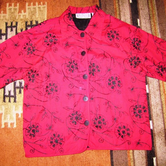 House of Anthropologie Red Cotton Jacket Top Embroidered - Picture 6 of 6